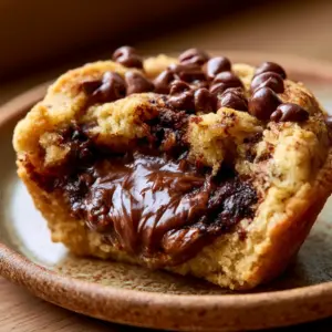 A macro close-up of a warm Chocolate Chip Cookie Cup sliced in half on a rustic plate, revealing a gooey soft-baked center and flowing Nutella.