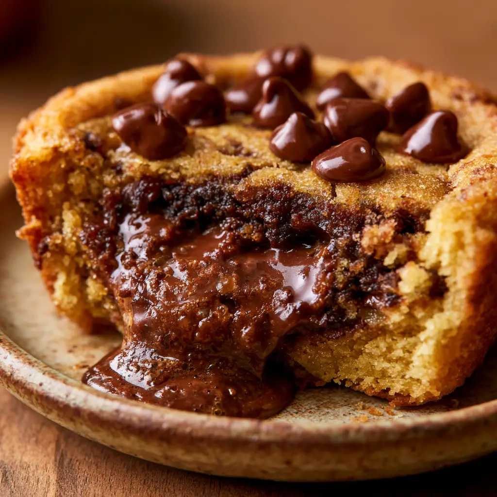 Warm side lighting highlighting the texture of a Chocolate Chip Cookie Cup with melting chocolate chips and glossy Nutella.