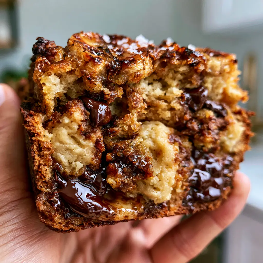 Cross-section of cookie dough banana bread held in natural morning light, showing steam and melted chocolate sheen.