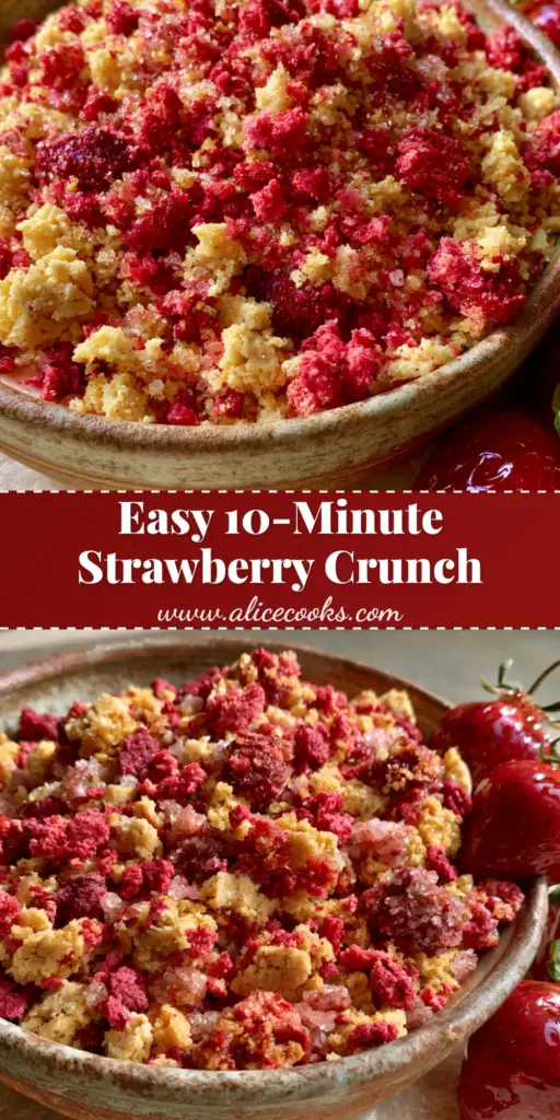 A top-down view of vibrant strawberry crunch topping featuring crumbled golden cookies and ruby red strawberry pieces in a rustic bowl. (strawberry crunch topping)