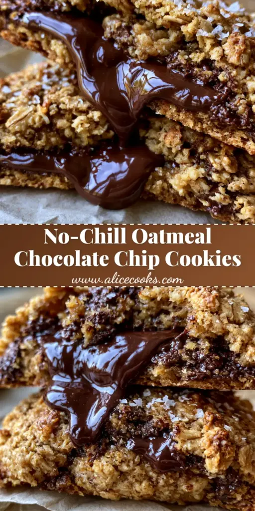 A stack of thick oatmeal chocolate chip cookies with visible toasted oats and melting dark chocolate chunks on rustic parchment paper.