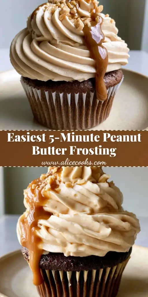 A massive, towering swirl of fluffy peanut butter frosting on a chocolate cupcake with a glossy warm drizzle and roasted peanuts.