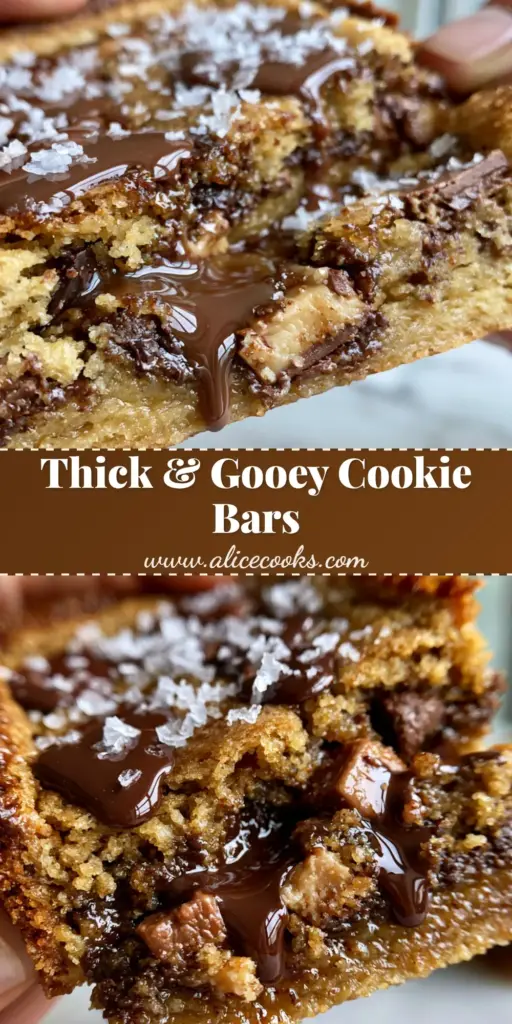 A close-up shot of thick chocolate chip cookie bars featuring glistening dark chocolate pools and flaky sea salt crystals.