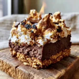 Close-up of a s’mores cheesecake bar with a thick buttery foundation and charred marshmallow fluff peaks.