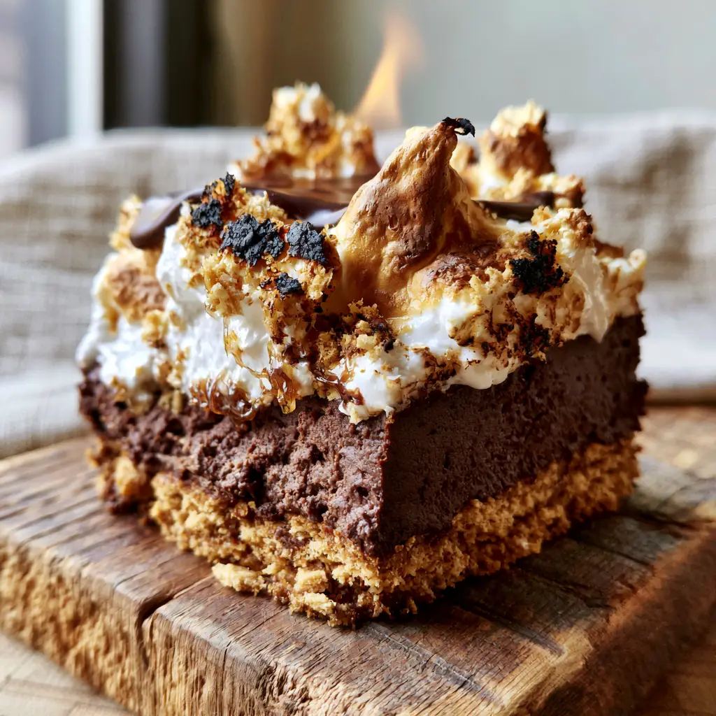 Close-up of a s’mores cheesecake bar with a thick buttery foundation and charred marshmallow fluff peaks.