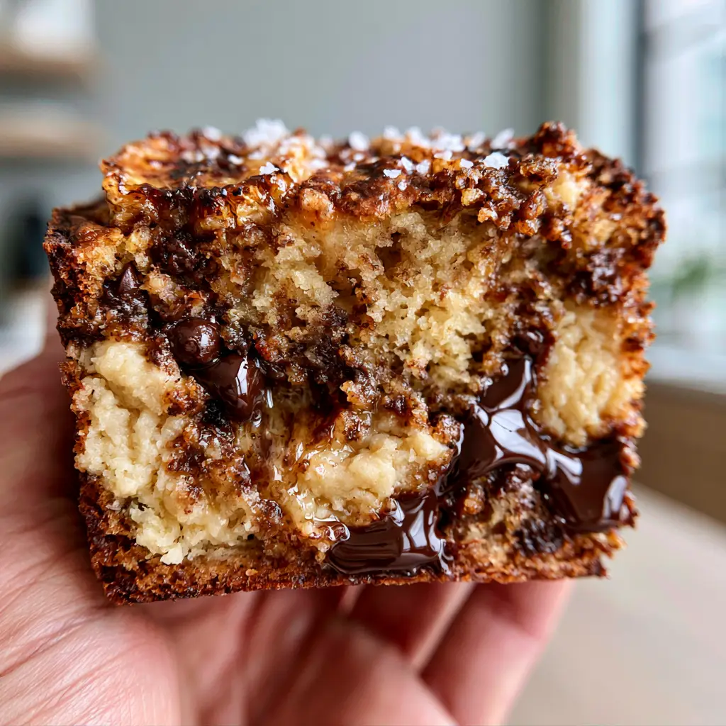 Cross-section of golden-brown banana bread showing soft cookie dough chunks and glistening chocolate. (cookie dough banana bread)