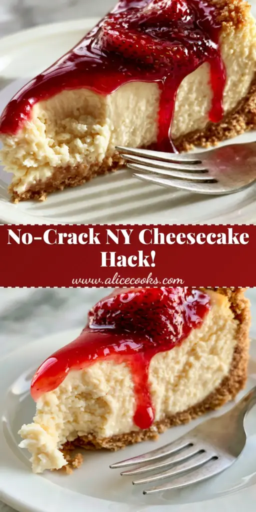 A close-up shot of a perfect slice of New York cheesecake featuring a thick graham cracker crust and glistening strawberry glaze. (New York cheesecake recipe)