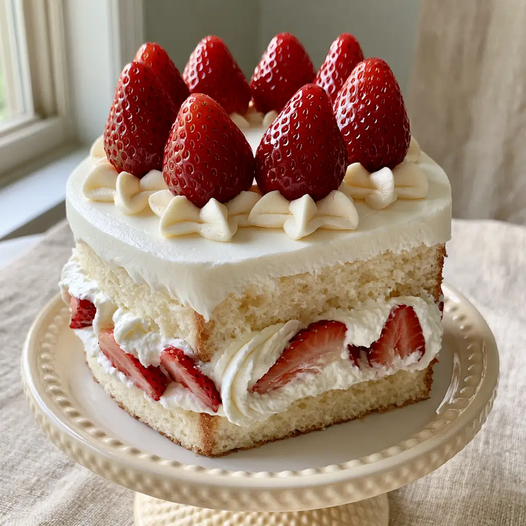 Top view of the strawberry cake design showing six piped stars and whole strawberries.