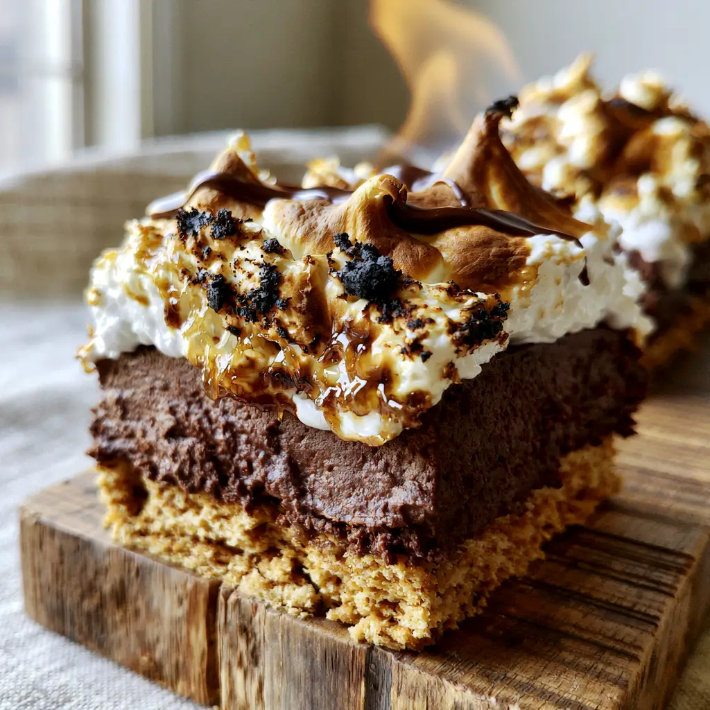 S’mores Cheesecake Bars: The Ultimate No-Bake Dark Chocolate Dessert 1 A smartphone-style photo of s’mores cheesecake bars being served on a rustic wooden board with glossy ganache drizzle.