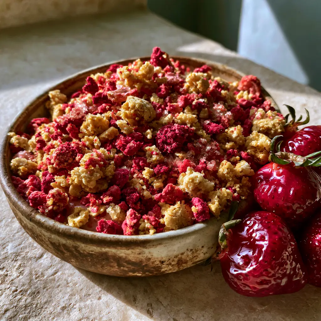 Artistic smartphone photo highlighting the texture of strawberry crunch topping and ruby red freeze-dried strawberry pieces.