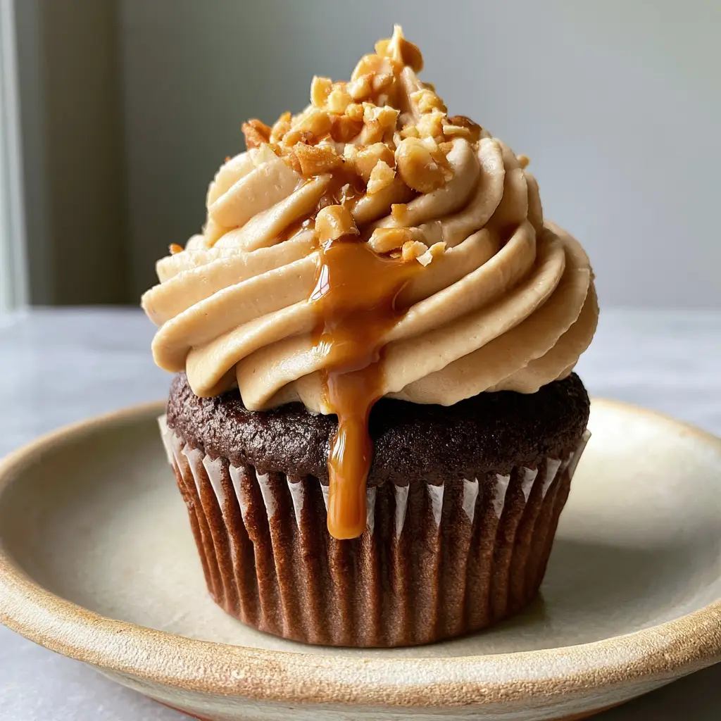 A handheld shot of a peanut butter frosting swirl with roasted peanut garnish on a rustic plate.