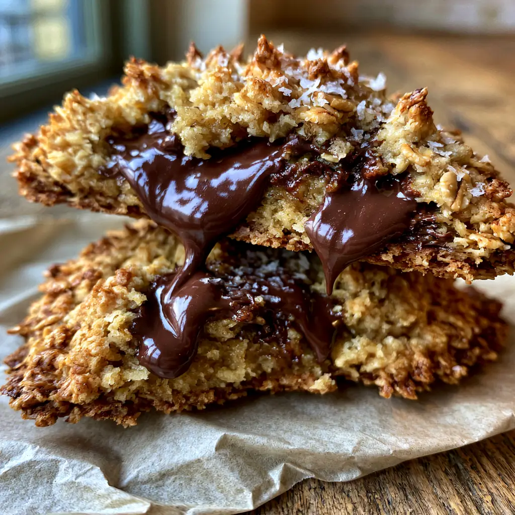 Perfectly baked golden-brown oatmeal chocolate chip cookies topped with flaky sea salt on a rustic wooden table.
