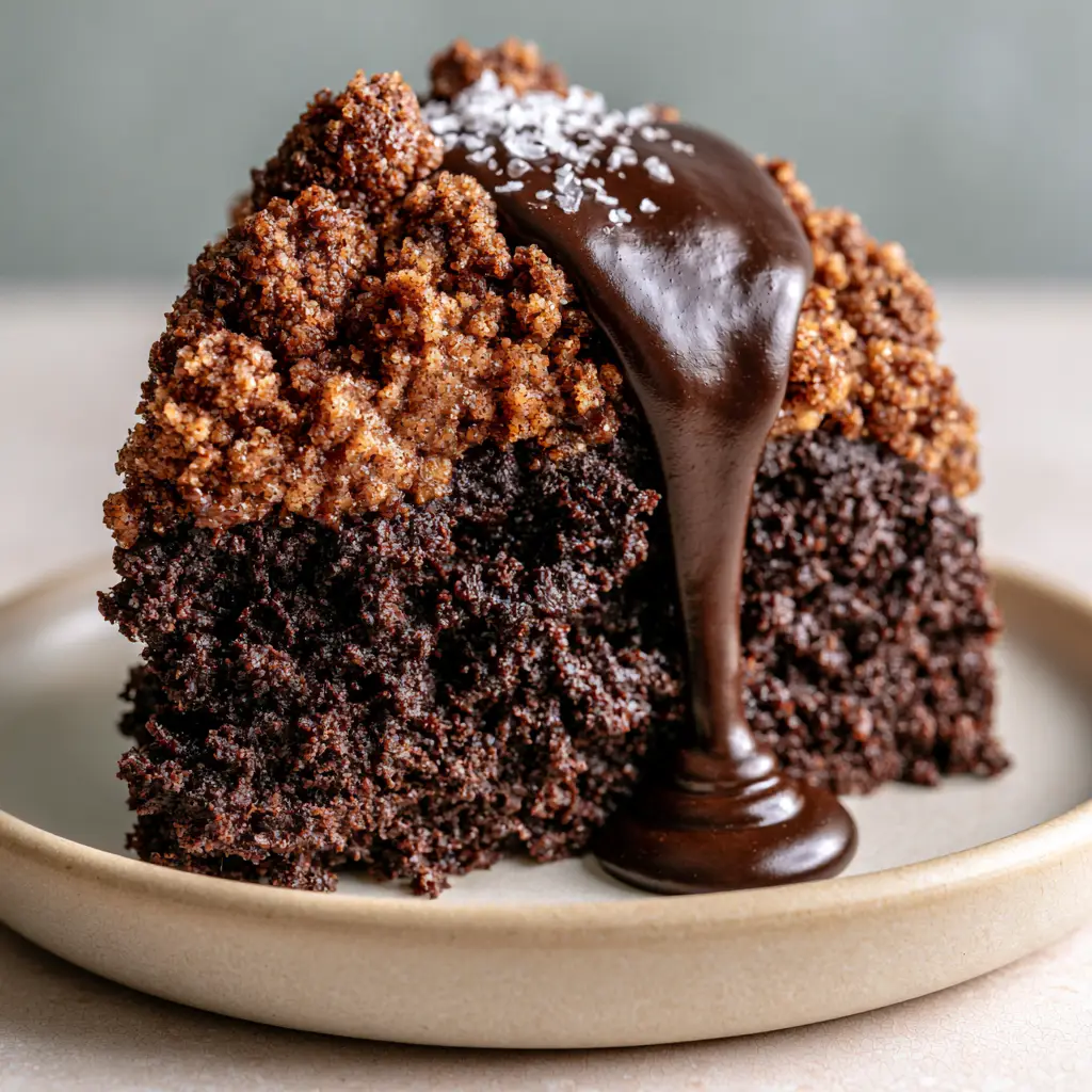 Overhead view of a chocolate coffee cake with golden-brown cinnamon cocoa streusel crumble.
