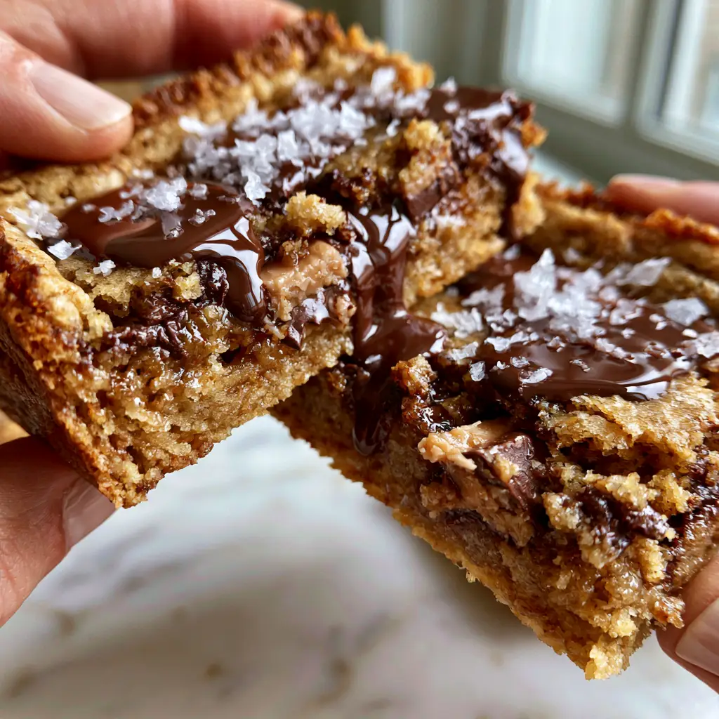 Thick chocolate chip cookie bars on a marble countertop with golden-brown edges and melted milk chocolate chunks.