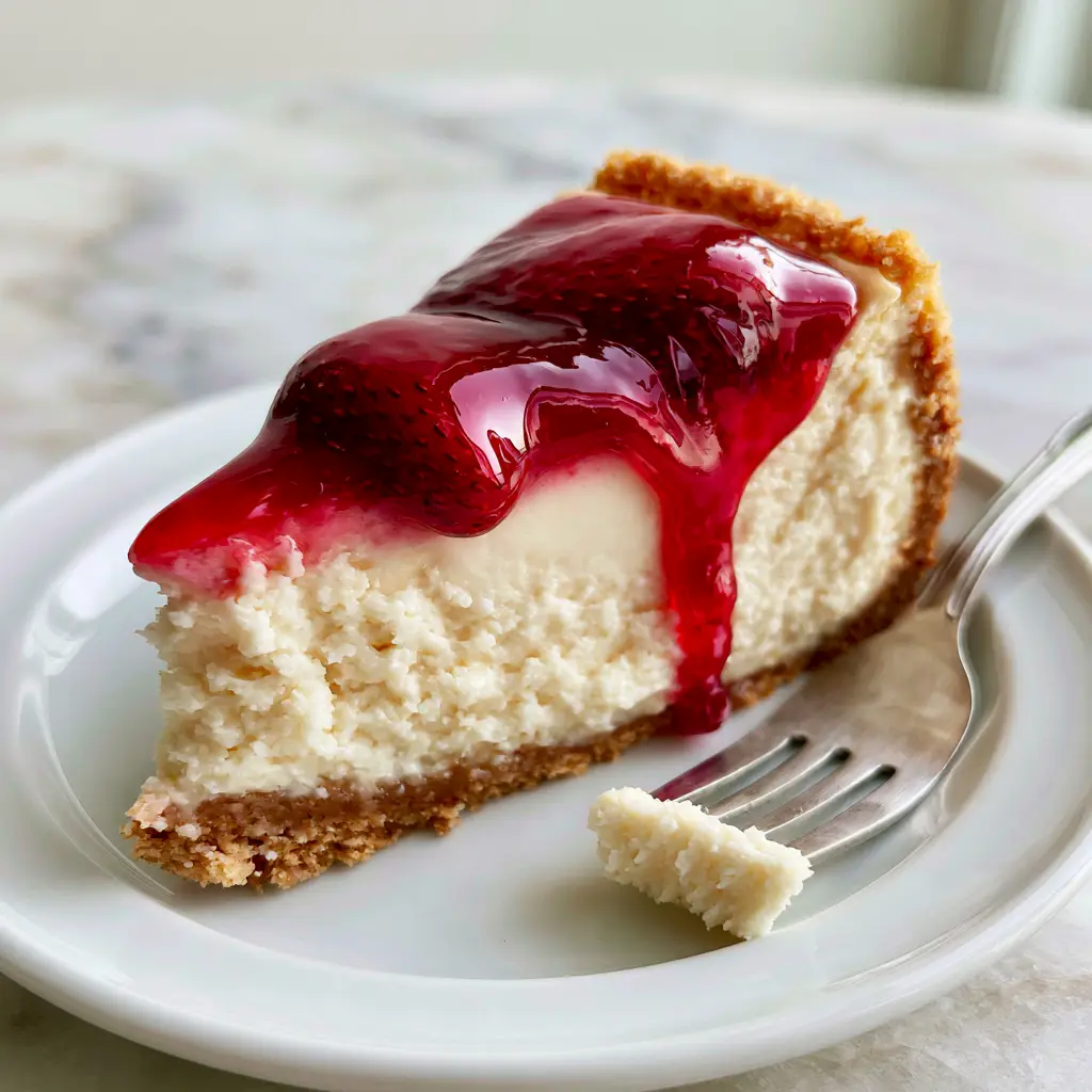 Top-down view of a glistening strawberry glaze dripping down the side of a thick New York cheesecake.