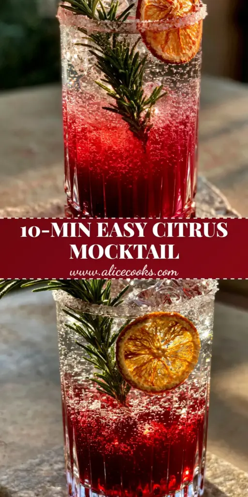 A tall ribbed crystal glass with a sugar rim containing a layered ruby red and sparkling non alcoholic drink with rosemary and a dehydrated orange slice. (non alcoholic drinks)
