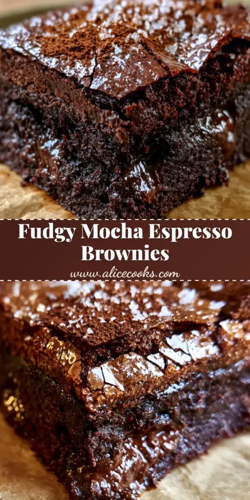 A stack of ultra-fudgy Coffee Brownies with a glossy crinkle crust and espresso powder dusting on parchment paper.