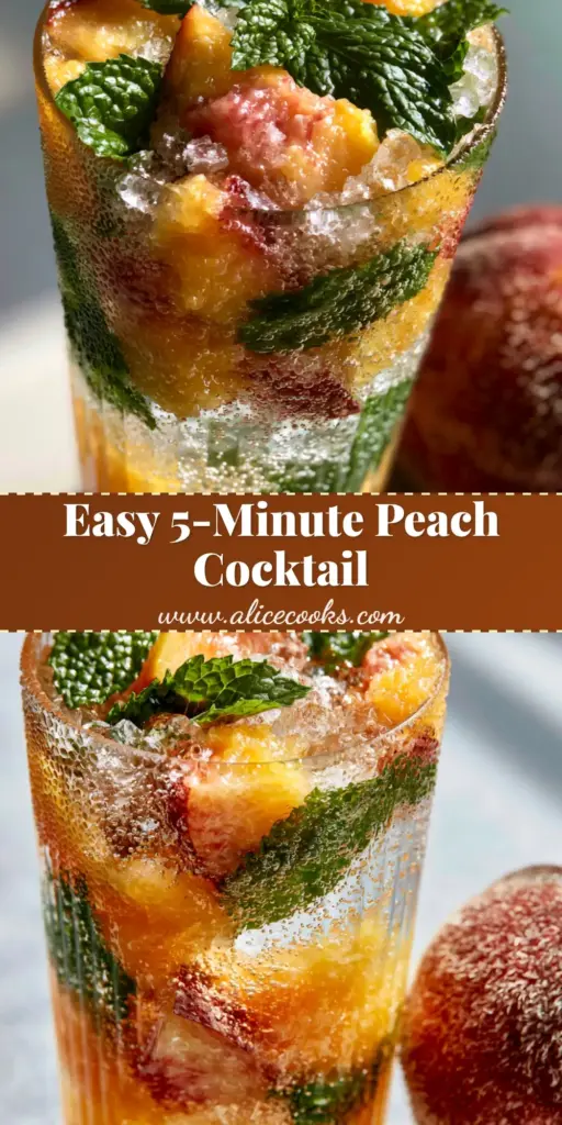 A close-up of a Georgia Peach cocktail in a ribbed glass with crushed ice, mint, and peach slices, sitting next to a whole fuzzy peach.
