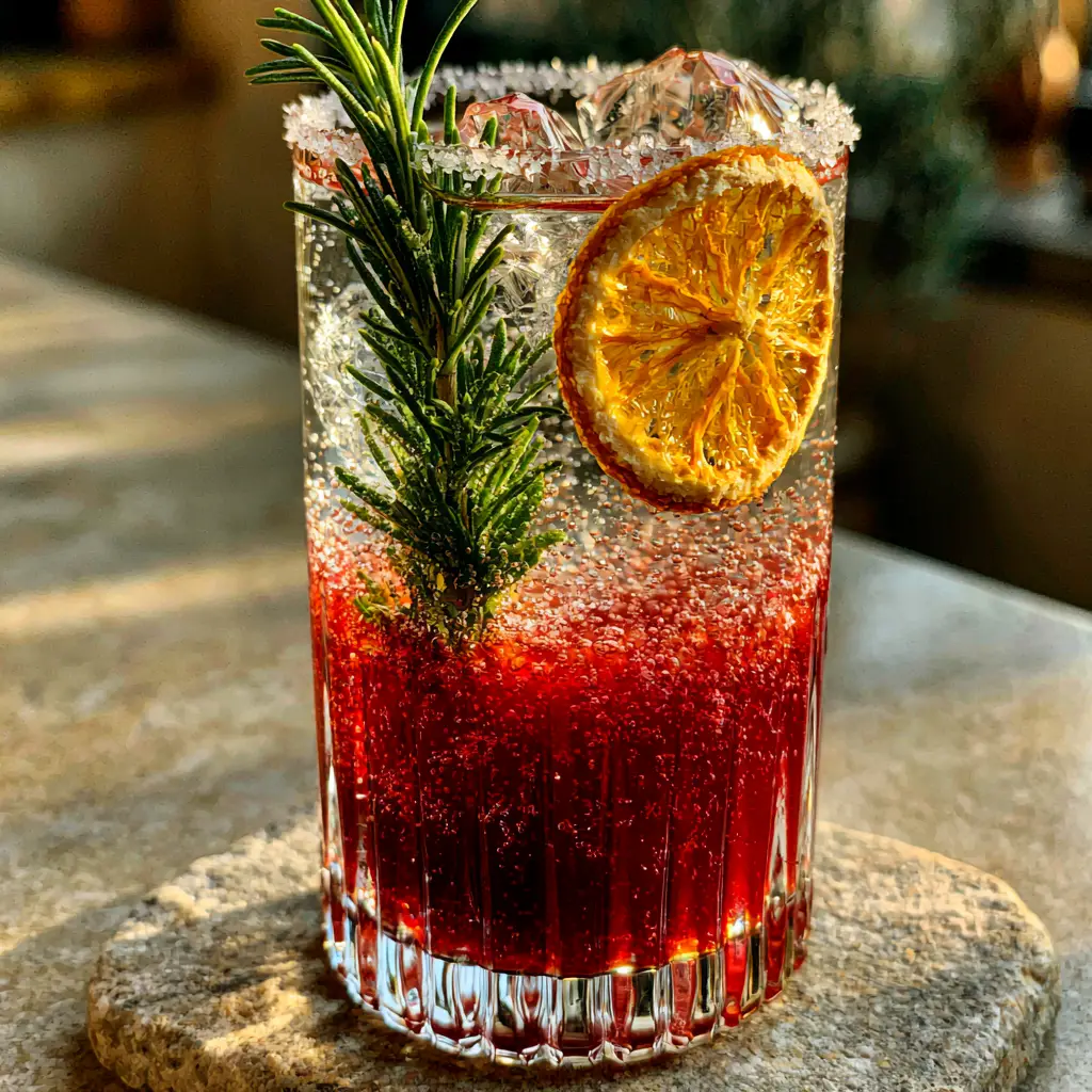 Top view of a blood orange mocktail showing the dehydrated orange slice and fresh rosemary garnish.