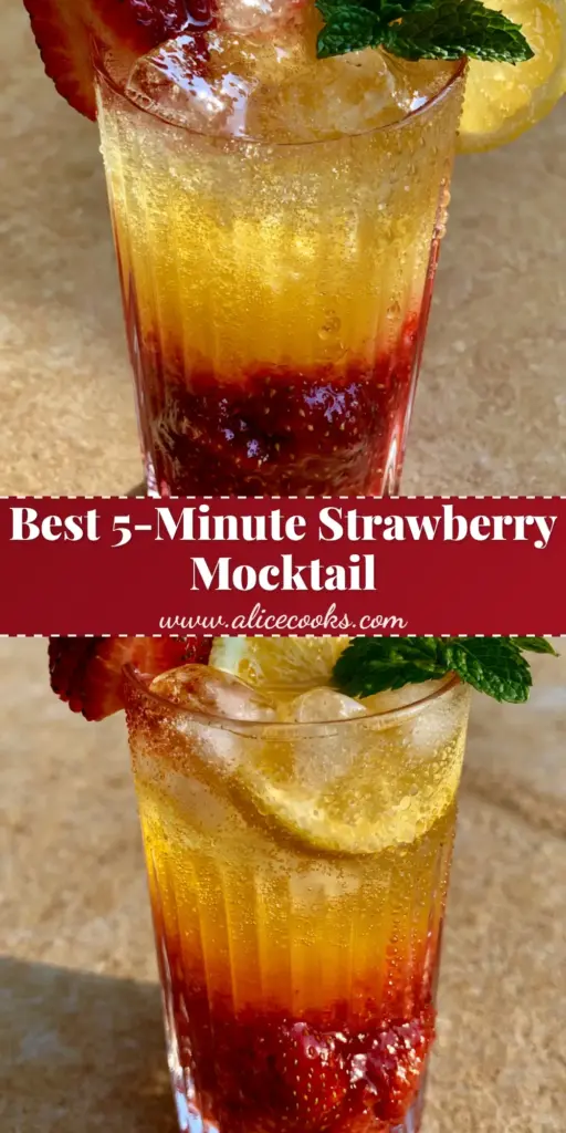 A tall ribbed crystal glass showing a layered strawberry lemon mocktail with a crimson base and yellow top, garnished with mint and a lemon wheel.