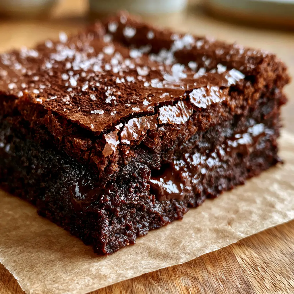 Home 6 Macro shot of a Coffee Brownie showing the dense fudgy texture and hairline fractures in the glossy crust.