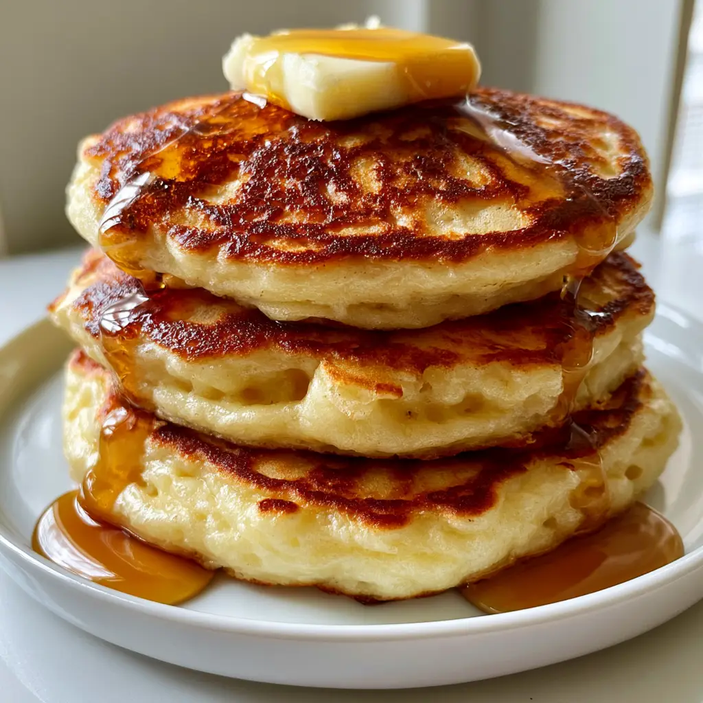 Close-up of three thick golden-brown pancakes with rich airy texture and melting butter. (pancake recipe)