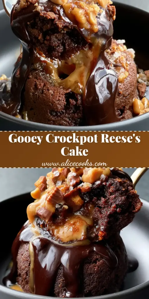 A close-up shot of a scoop of Crock-Pot Reese's cake showing the molten peanut butter center and dark chocolate fudge drizzle.