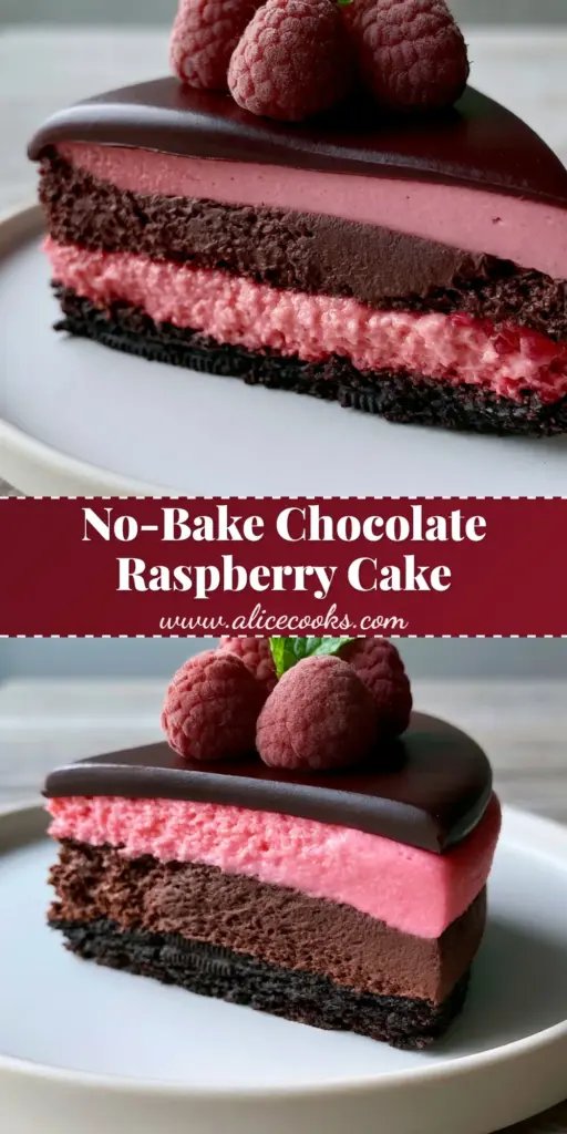 A perfectly sliced Chocolate Raspberry Mousse Cake showing four distinct layers of cookie crust, dark chocolate, pink raspberry mousse, and ganache on a white plate.