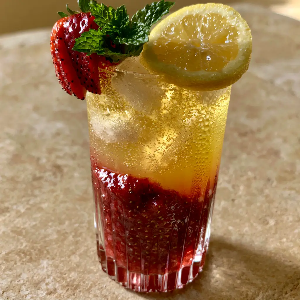 Close-up of a strawberry lemon mocktail featuring thick crimson puree and fizzy lemonade with condensation droplets. (strawberry lemon mocktail)
