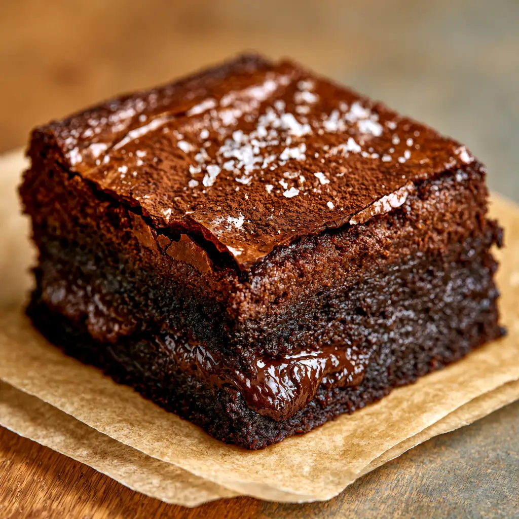 Close up of Coffee Brownies with molten chocolate pools and a dusting of espresso powder.