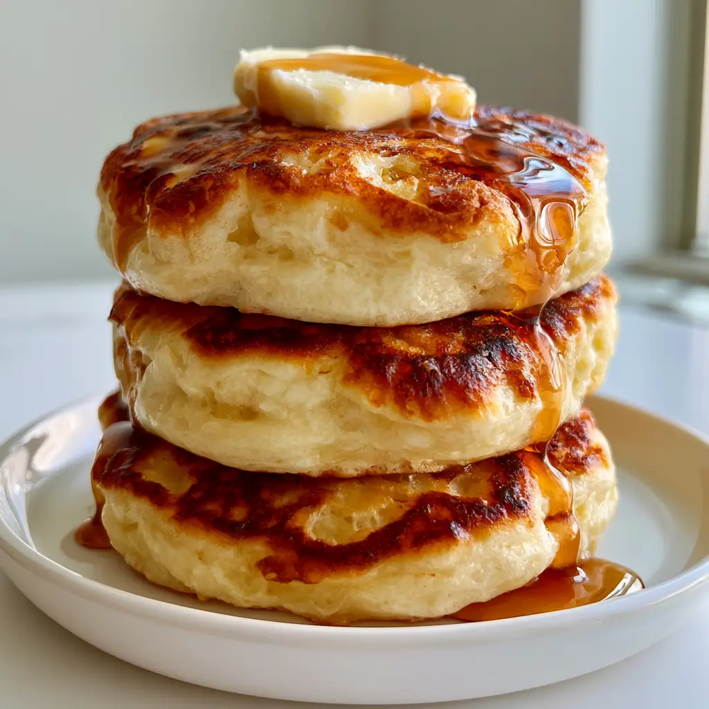 Overhead shot of warm amber maple syrup cascading down a stack of three thick pancakes.