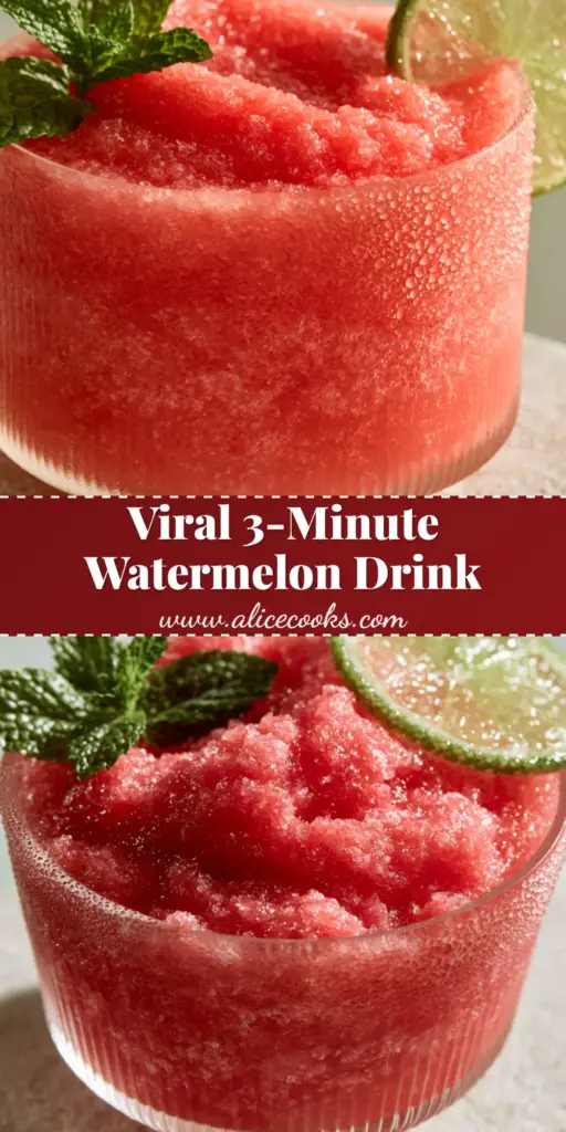 A thick, vibrant coral-pink watermelon drink in a modern ribbed glass with mint and lime garnish. (watermelon drink)