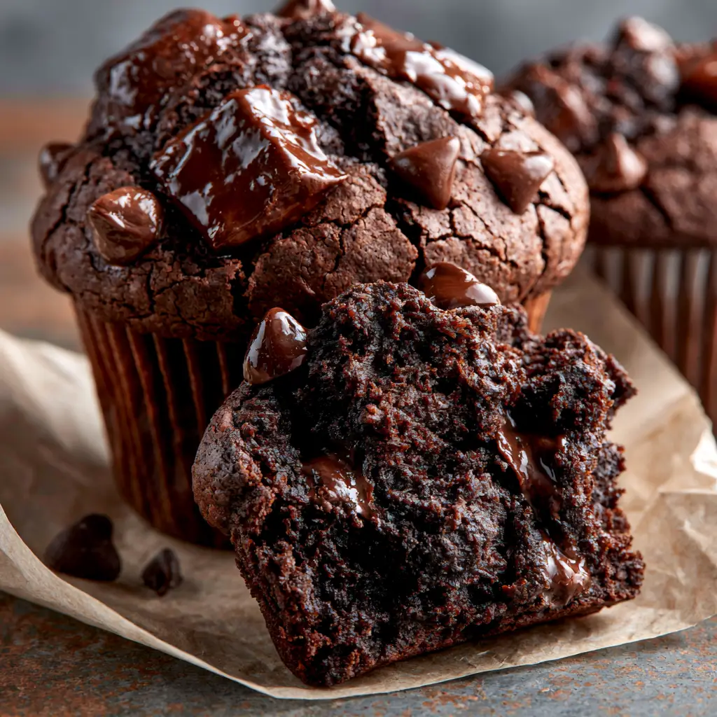 Close-up of a towering double chocolate muffin showing the glistening melted chocolate chunks and dark crumb. (double chocolate muffins)