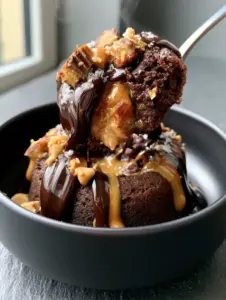 Handheld smartphone photo of a scoop of warm Crock-Pot Reese's cake in a black bowl, featuring oozing peanut butter.