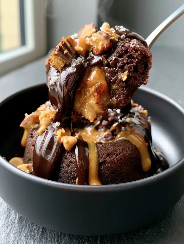 Handheld smartphone photo of a scoop of warm Crock-Pot Reese's cake in a black bowl, featuring oozing peanut butter.
