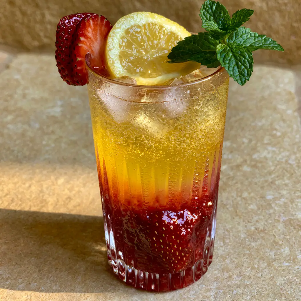 A handheld smartphone photo of the strawberry lemon mocktail highlighting the sunset ombre layers and mint garnish.