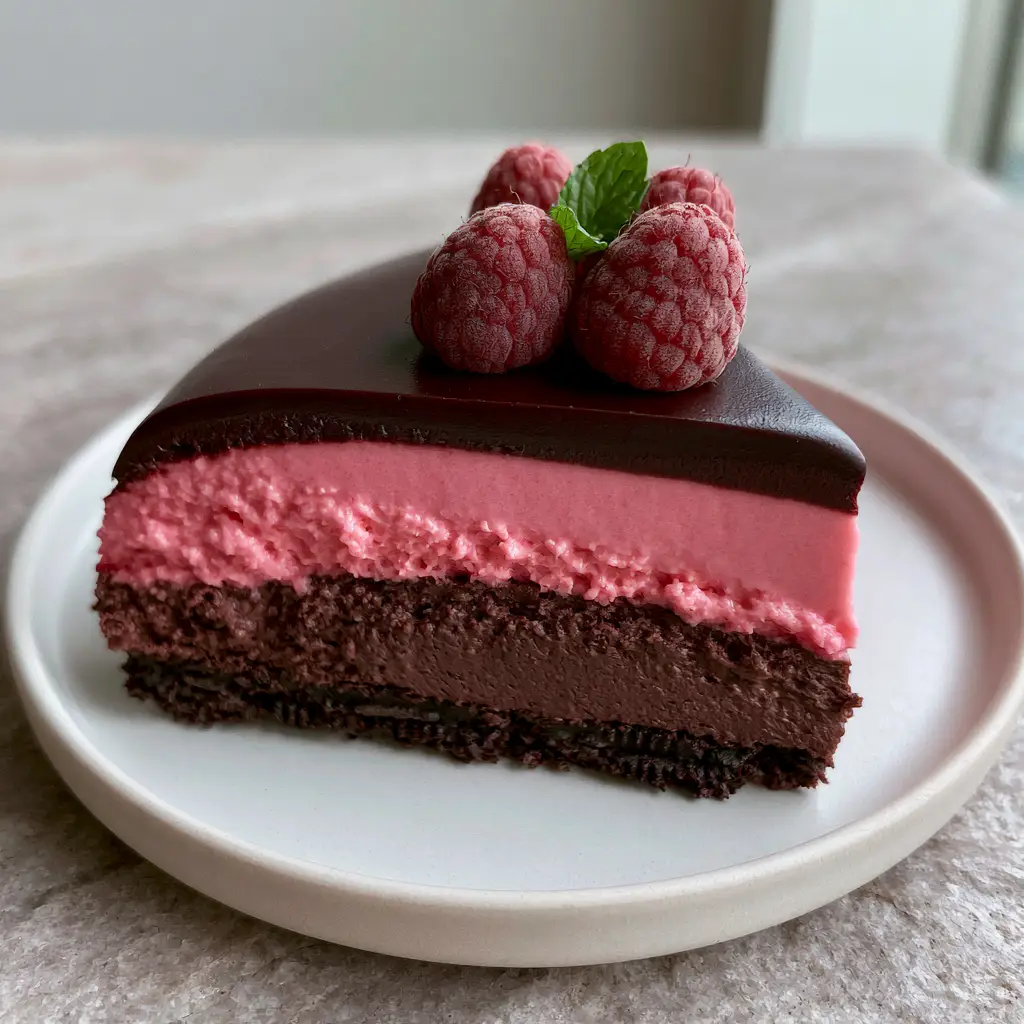 Close-up of a Chocolate Raspberry Mousse Cake slice on a minimalist matte white plate with fresh raspberry garnish.