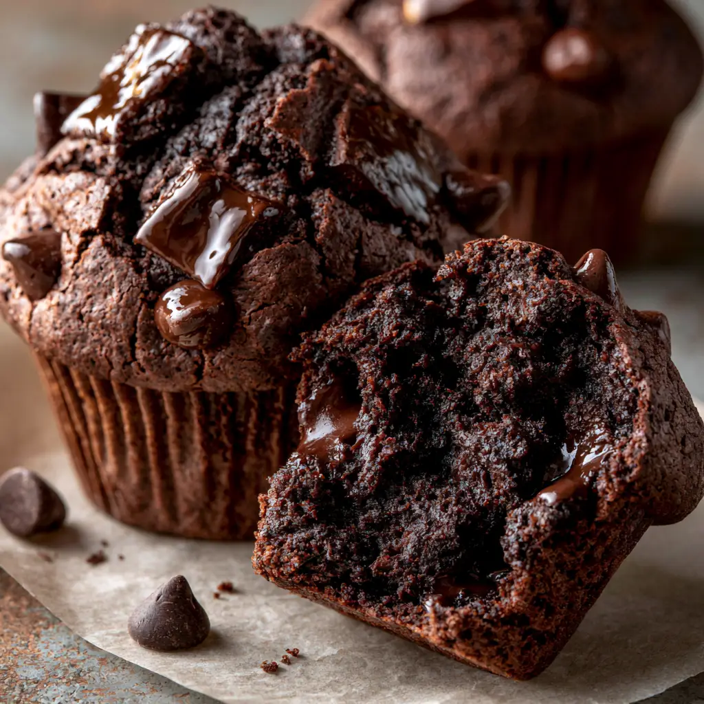 double chocolate muffins: The Ultimate Bakery-Style Recipe 1 A double chocolate muffin split open revealing a moist steaming dark chocolate crumb and gooey melted chocolate pockets.