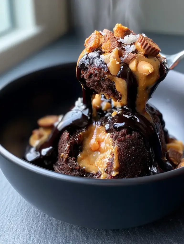 A top-down view of Crock-Pot Reese's cake garnished with chopped peanut butter cups and flaky sea salt.