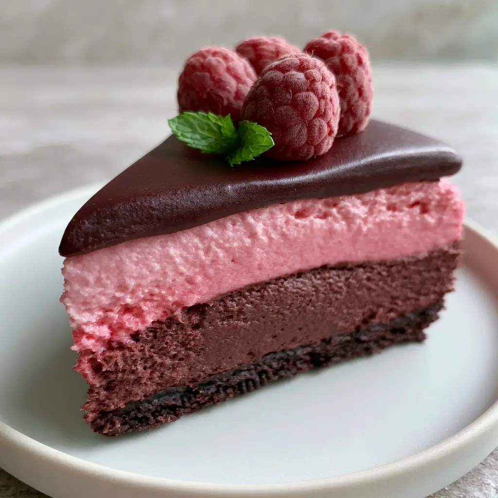 Smartphone photo of a Chocolate Raspberry Mousse Cake slice featuring a dark chocolate ganache glaze and a tiny mint leaf.