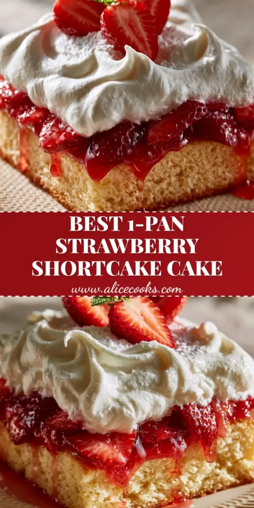 A large square slice of Strawberry Shortcake Sheet Cake on a ceramic plate, featuring a golden sponge, macerated strawberries, and billowy whipped cream peaks.
