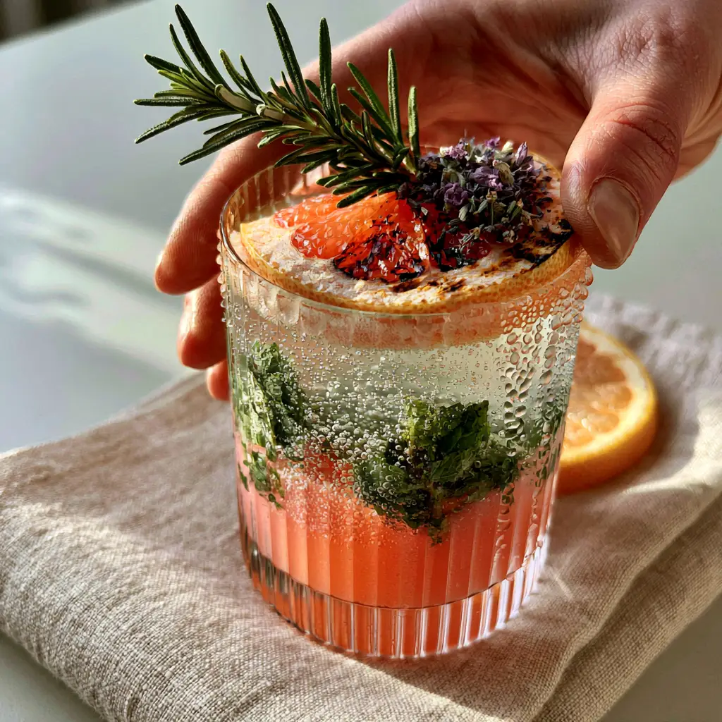 Charred grapefruit wheel and rosemary sprig garnish on a summer mocktail.