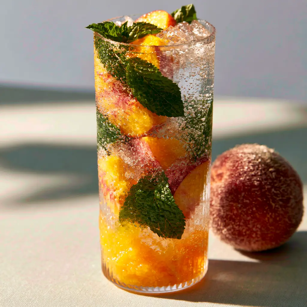 Home 6 Ultra-close-up of a refreshing Georgia Peach cocktail showing bubbles and layered orange puree.