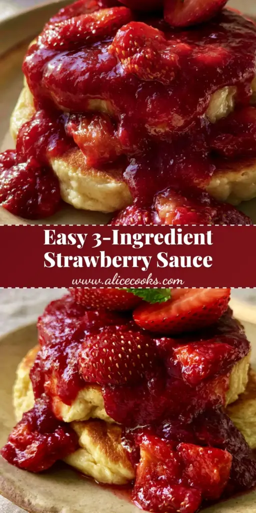 A stack of golden buttermilk pancakes topped with thick, glossy homemade strawberry sauce and a fresh mint leaf on a rustic plate.