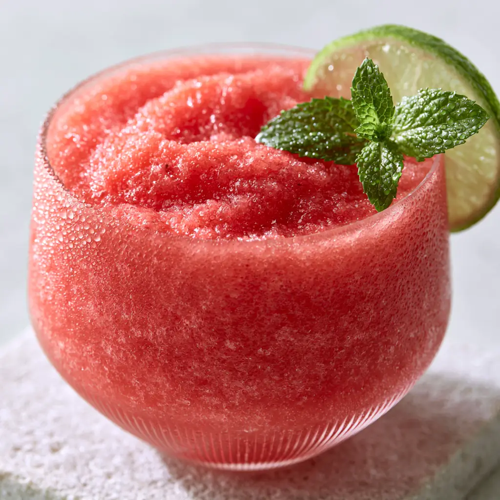 Close-up of an emulsified watermelon drink showing dense frozen texture and dewy condensation. (watermelon drink)