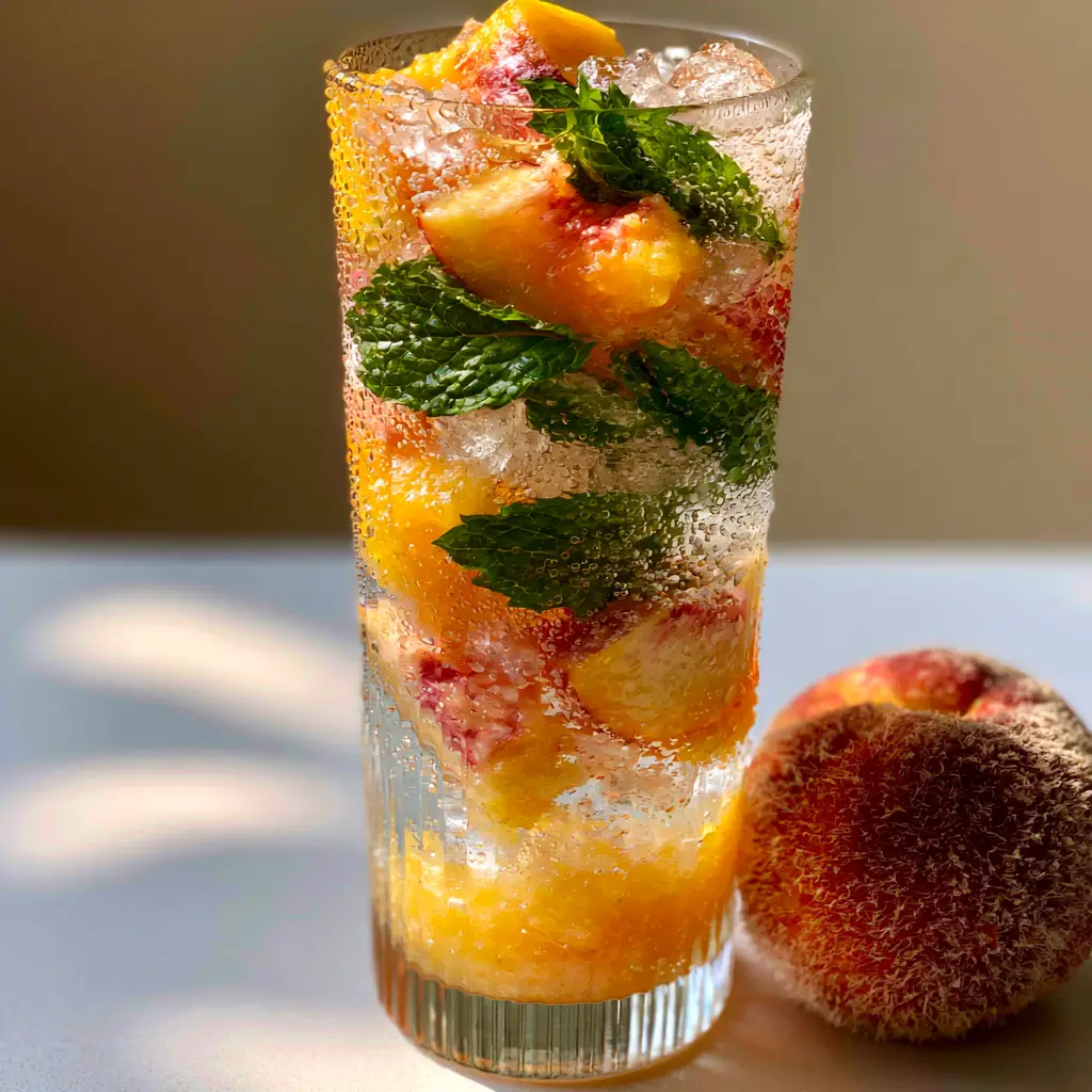 A smartphone-style photo of a Georgia Peach cocktail with mint leaves and crushed ice in a ribbed glass.