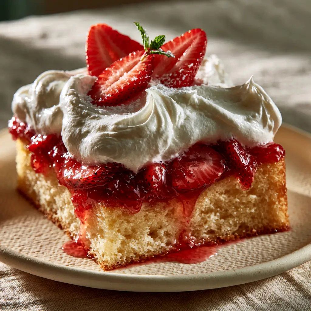 Macro side-angle shot of Strawberry Shortcake Sheet Cake showing moist golden crumb and translucent red syrup. (Strawberry Shortcake Sheet Cake)