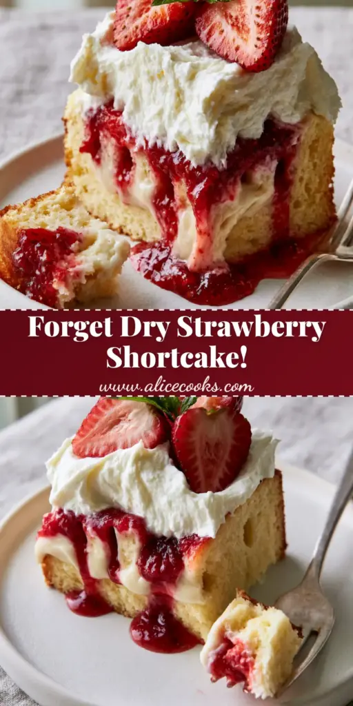 Strawberry Shortcake Poke Cake with Ruby Red Glaze and Velvet Cream 4 A towering slice of Strawberry Shortcake Poke Cake with visible ruby-red syrup veins and fresh mint. (Strawberry Shortcake Poke Cake)