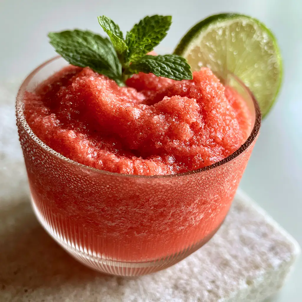 Side view of a coral-pink watermelon drink with a fresh mint sprig and lime wheel in natural morning light.