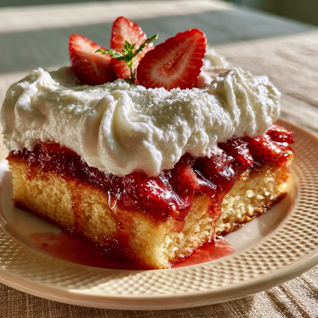Close-up of billowy whipped cream peaks and fresh strawberry garnish on a Strawberry Shortcake Sheet Cake.